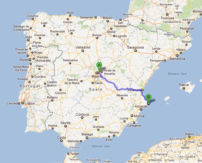 map of the drive from Madrid to Calpe